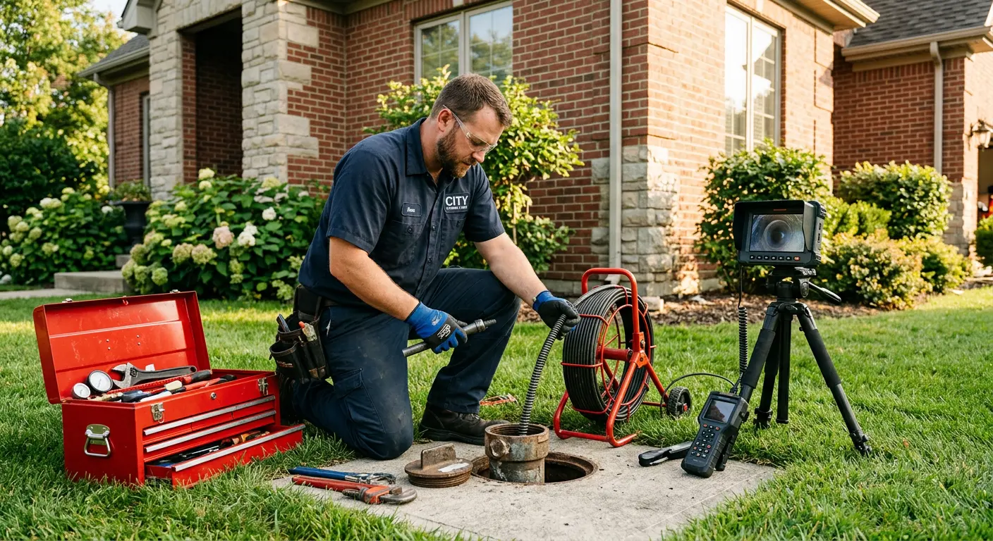 Sewer specialist with camera equipment servicing a cleanout in Willowick