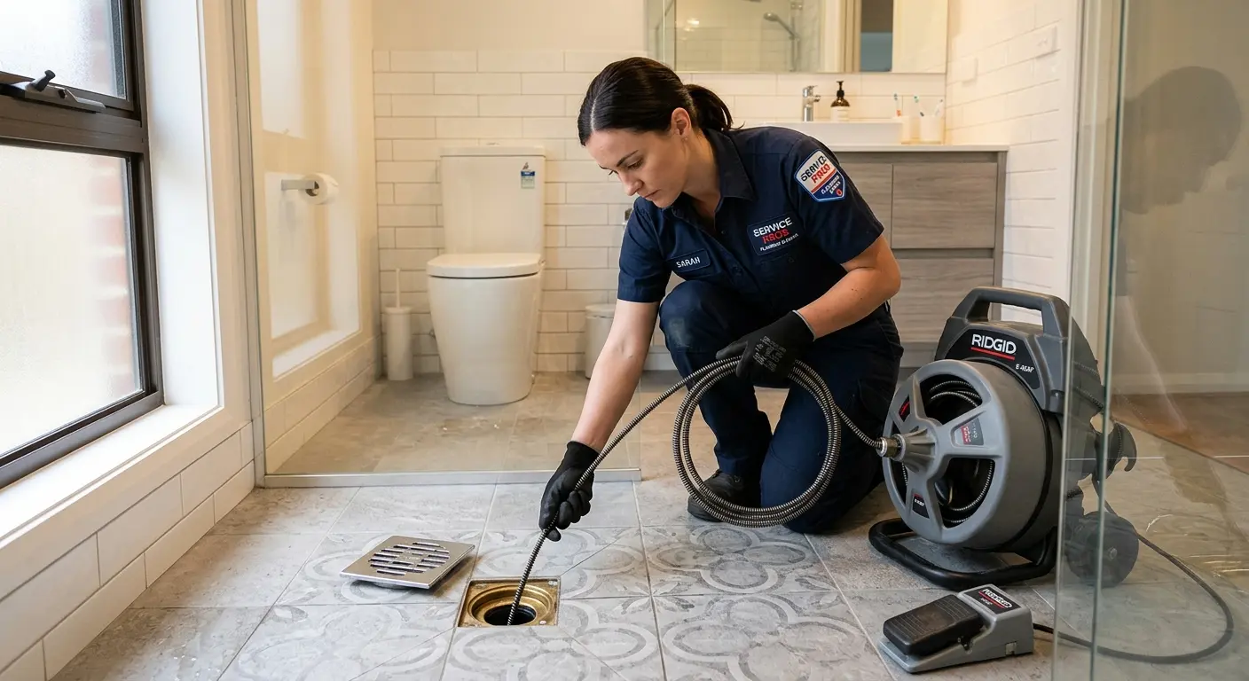 Technician clearing a bathroom floor drain for Drain Repair in Willowick